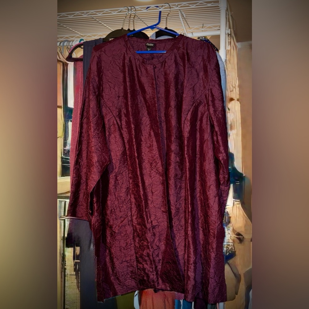 Eileen Fisher 100% Silk Crinkle Kimono Duster Jacket Maroon 3X